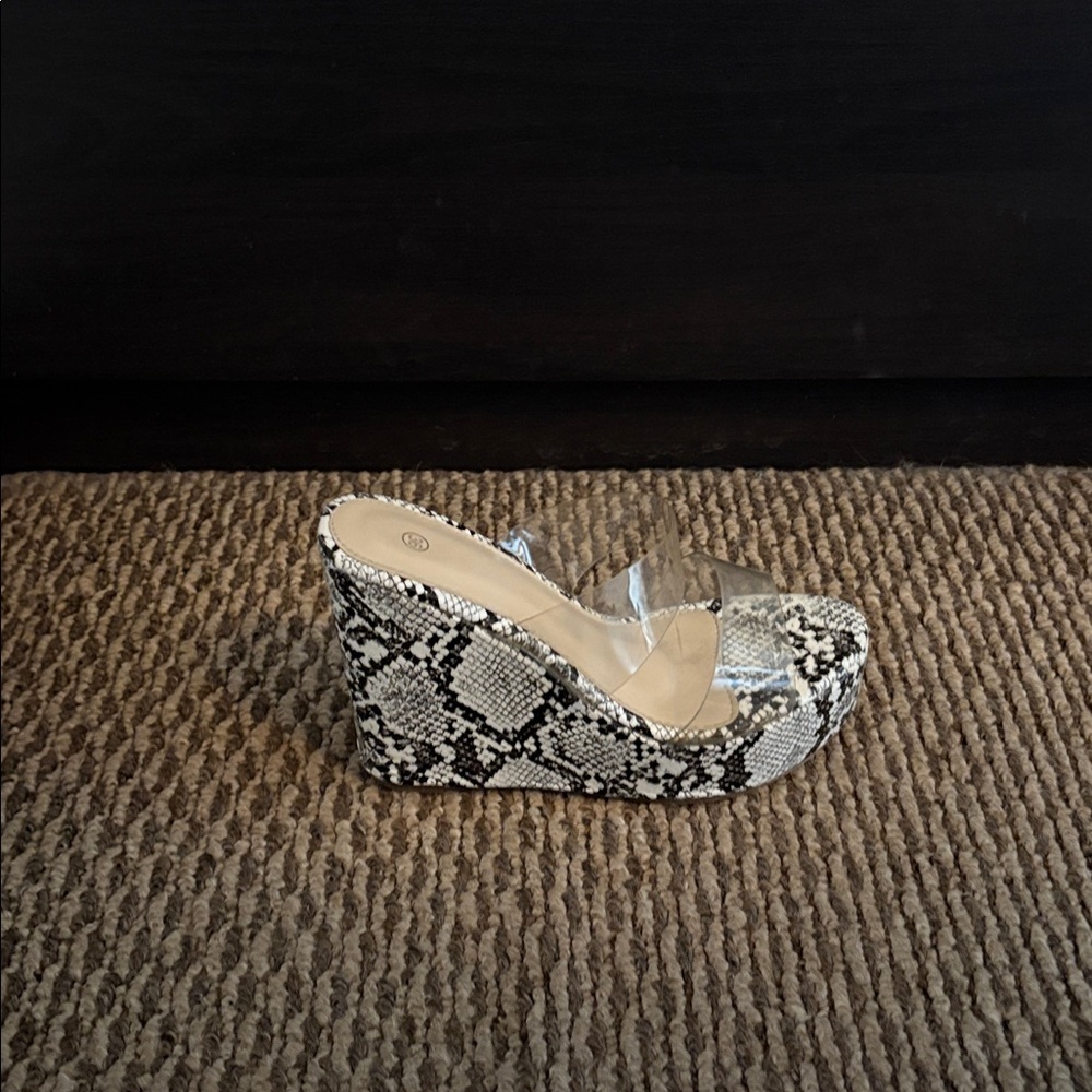 Snakeskin Wedge Sandals with Clear Straps, like new and comfortable